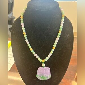 NATURAL JADE multi-colored necklace with lavender & spinach green pendant.